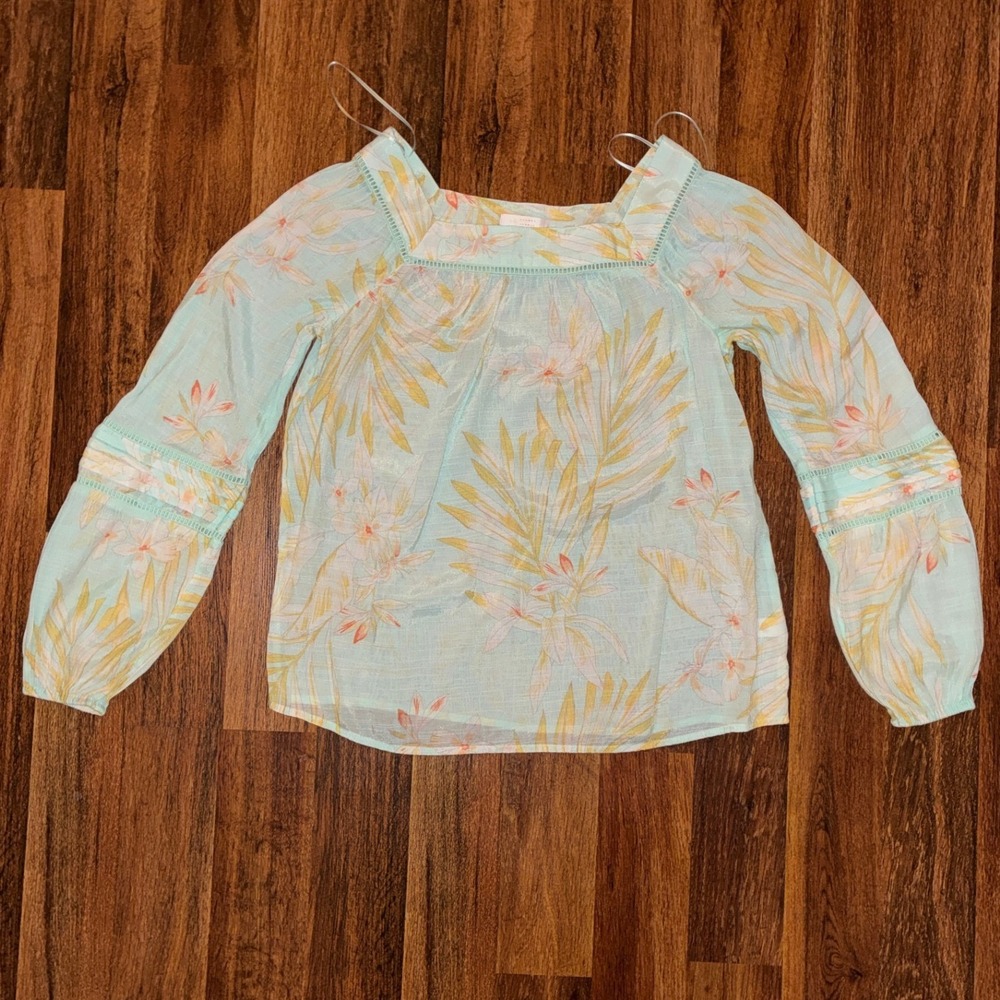 LC Lauren Conrad Tropical Floral Square Neck Blouse Mint Green Small